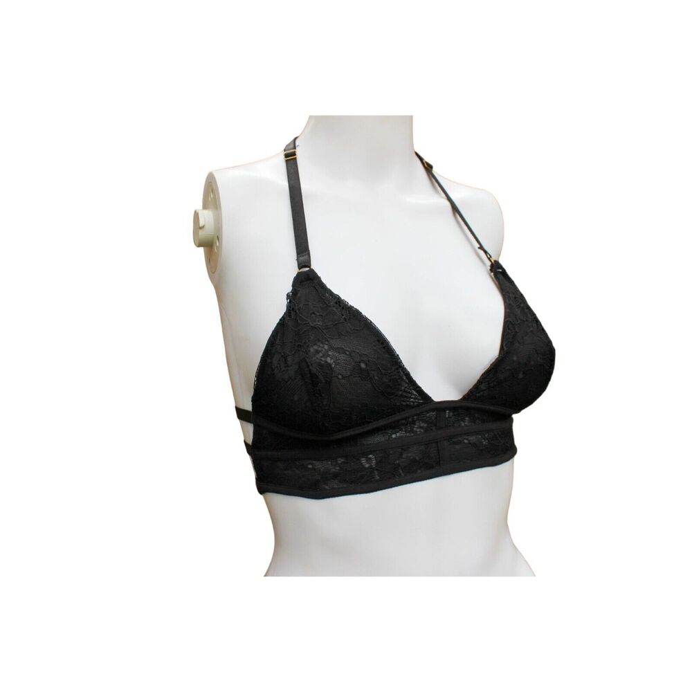 Wish &‎ Whim Black Lace Bralette With Strappy Design & Adjustable Neck Small
